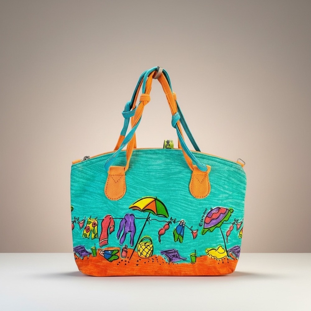 Sally Huss Canvas Beach Tote Bag Teal Orange Whimsical Art Handbag Zip Closure‎